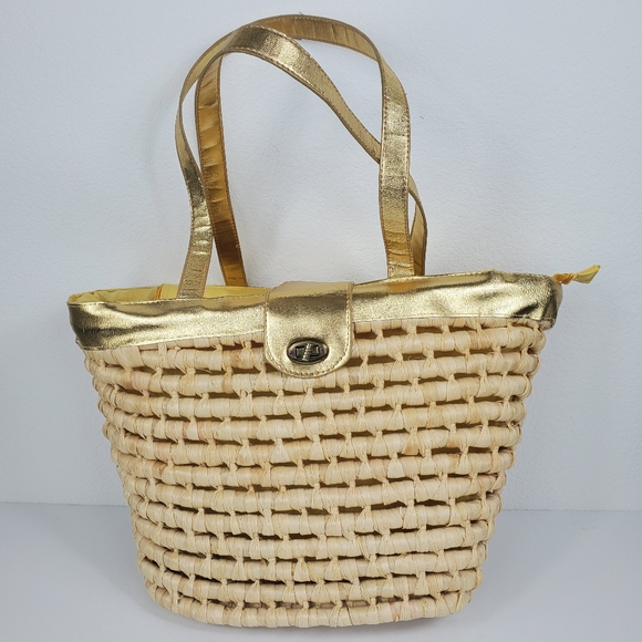 Bijoux Terner Yellow/Gold 100% Straw Bag Tote - Picture 5 of 8